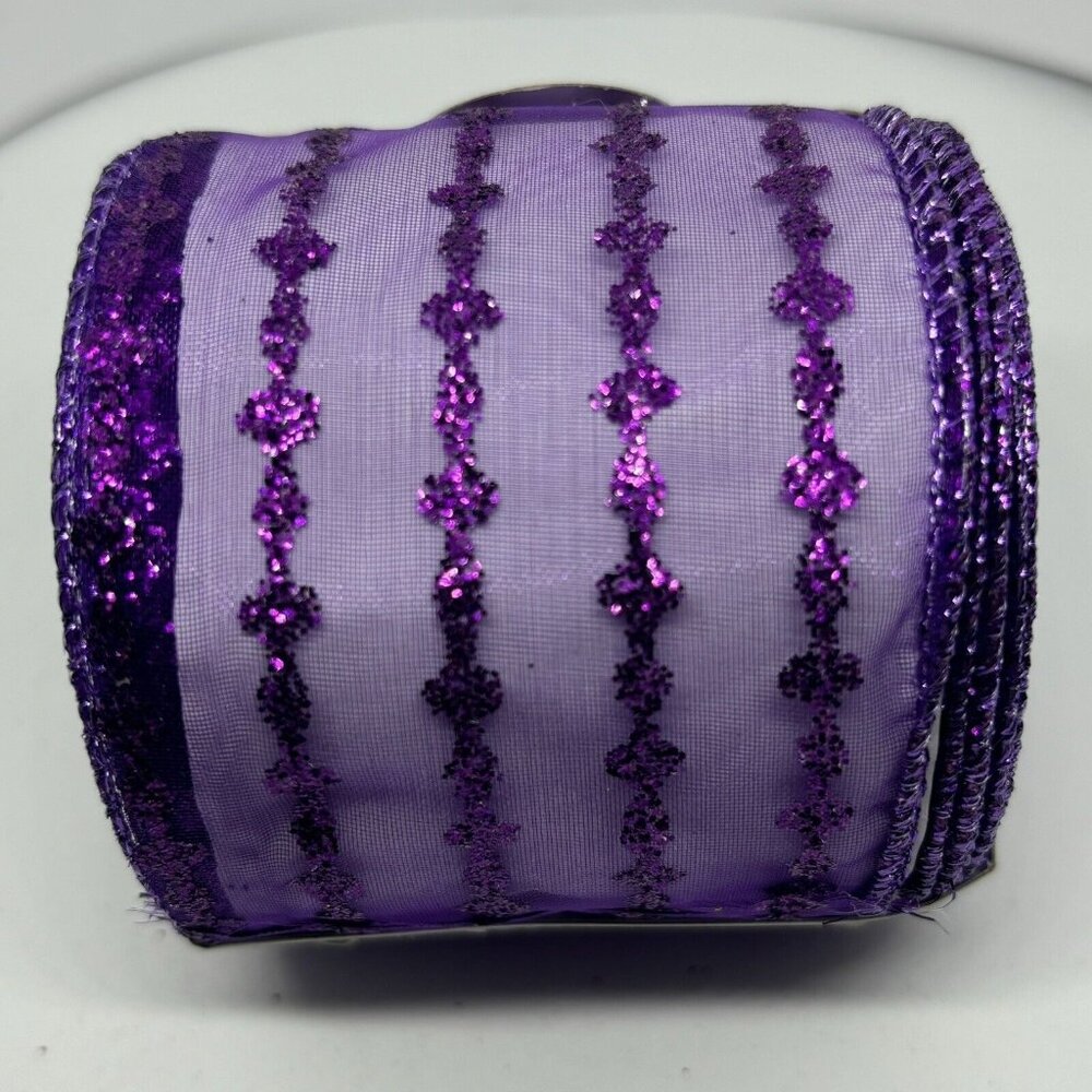 New 2.5" x 25' Wired Ribbon Sheer Lavender With Purple Glitter Pattern Craft